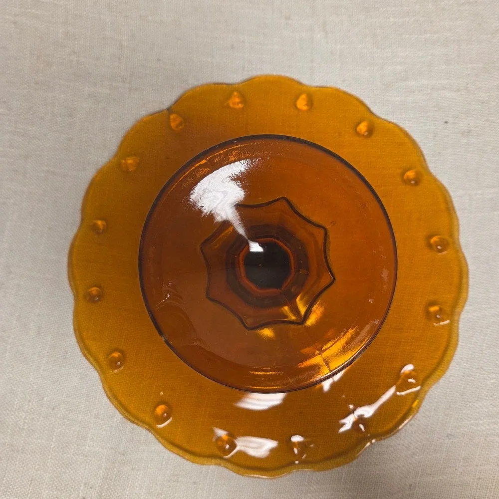 Indiana Amber Glass Cake Stand Scalloped Thumbprint Pedestal Dessert Server
